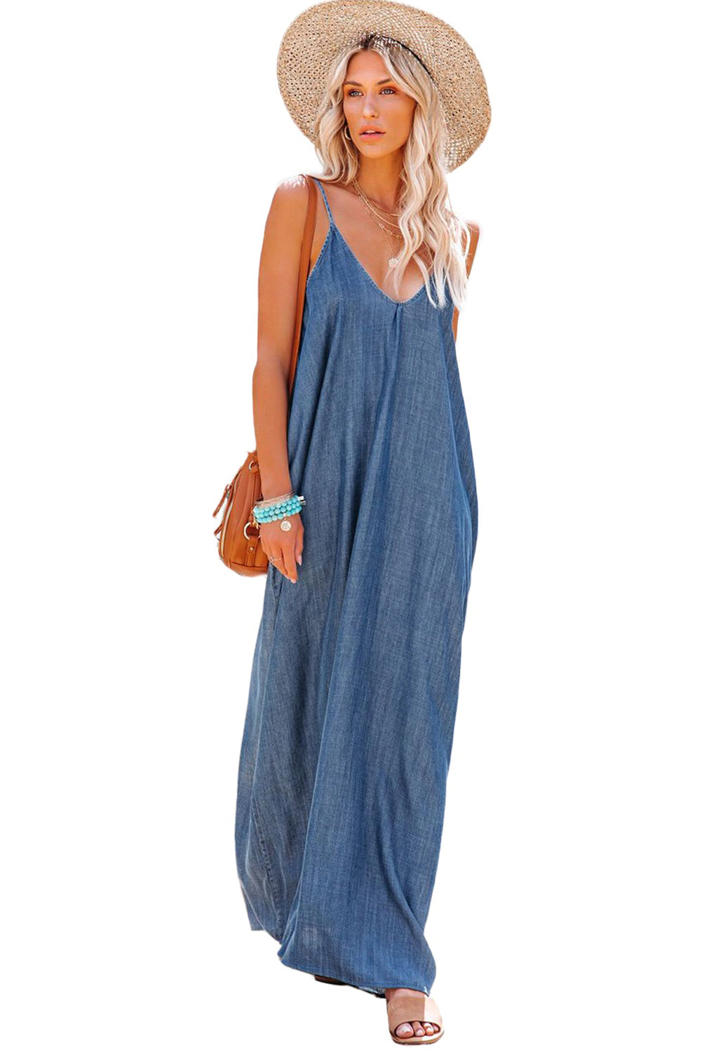 Blue Spaghetti Straps Denim Maxi Dress