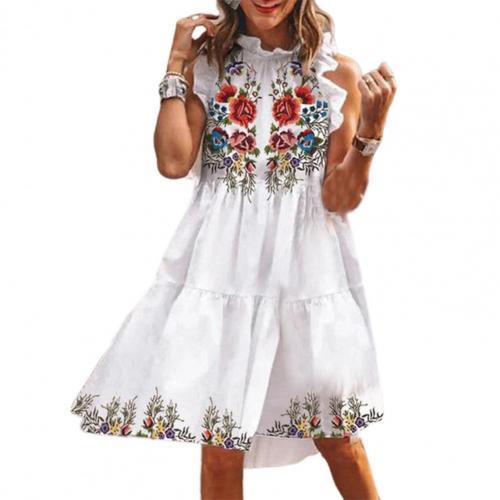 Women Summer Floral Print Loose Sleeveless Ruffle Casual Dress