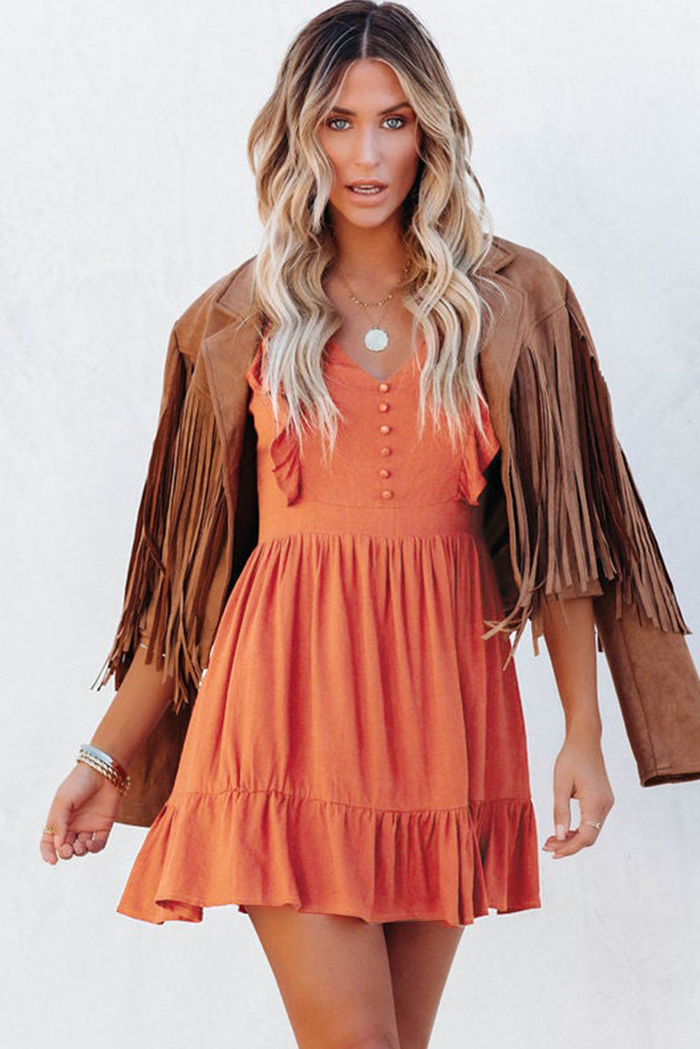 Orange V Neck Ruffles Open Back A-line Mini Dress