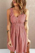 Green Buttons Sleeveless High Waist Mini Dress