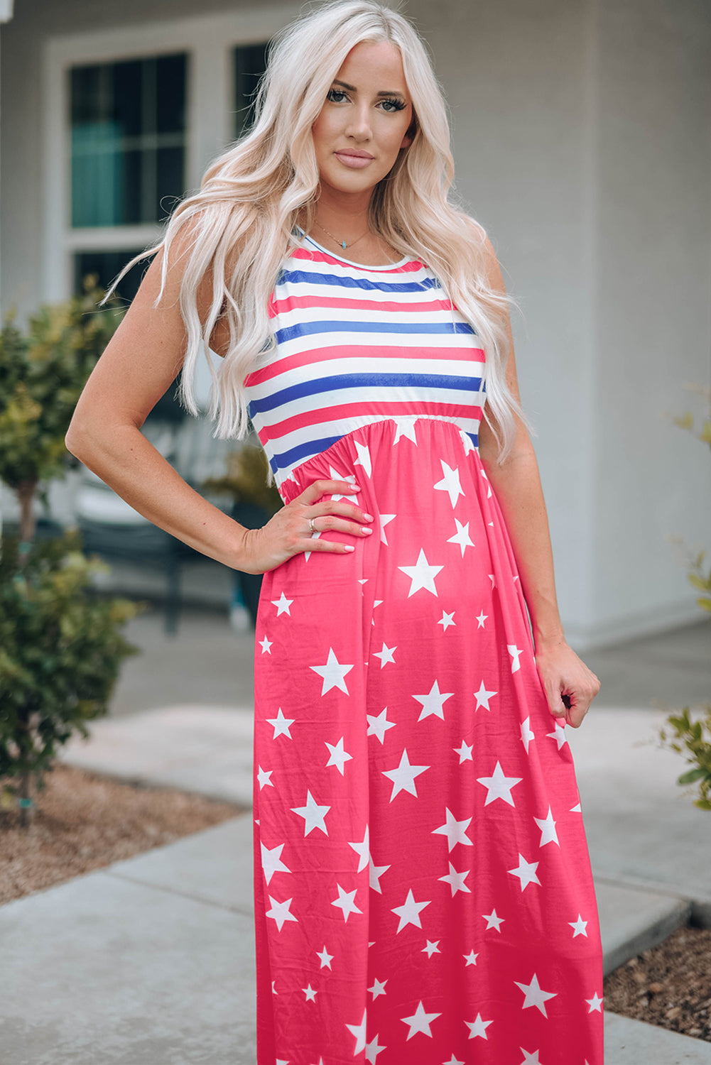 Red Stripes and Stars Sleeveless Maxi Dress with Pockets