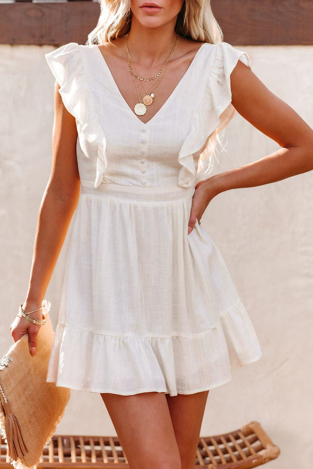 Orange V Neck Ruffles Open Back A-line Mini Dress