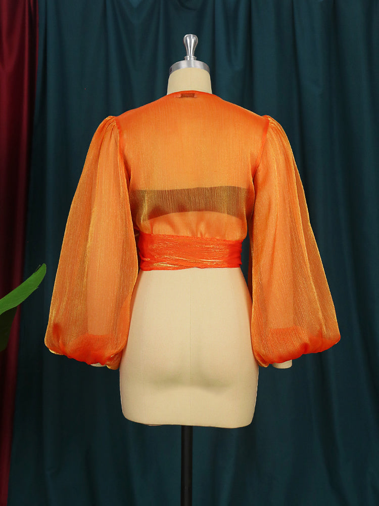 Plus Size Blouses Sexy V Neck Long Lantern Sleeve Shinny Women Short Shirts