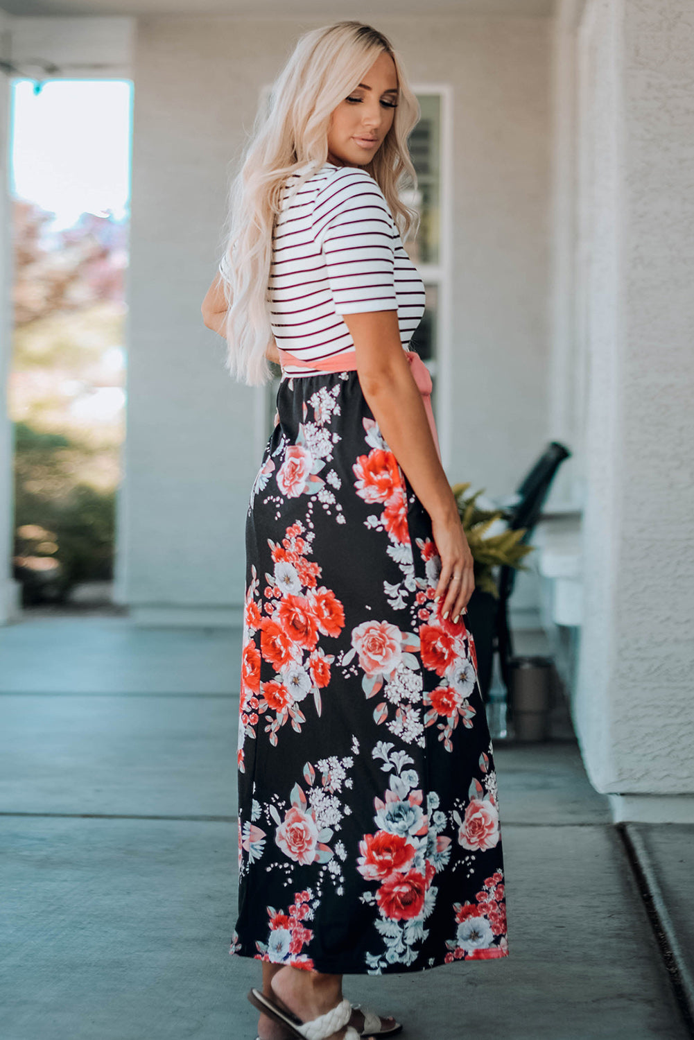 Floral Striped Color Block Lace-up High Waist Maxi Dress