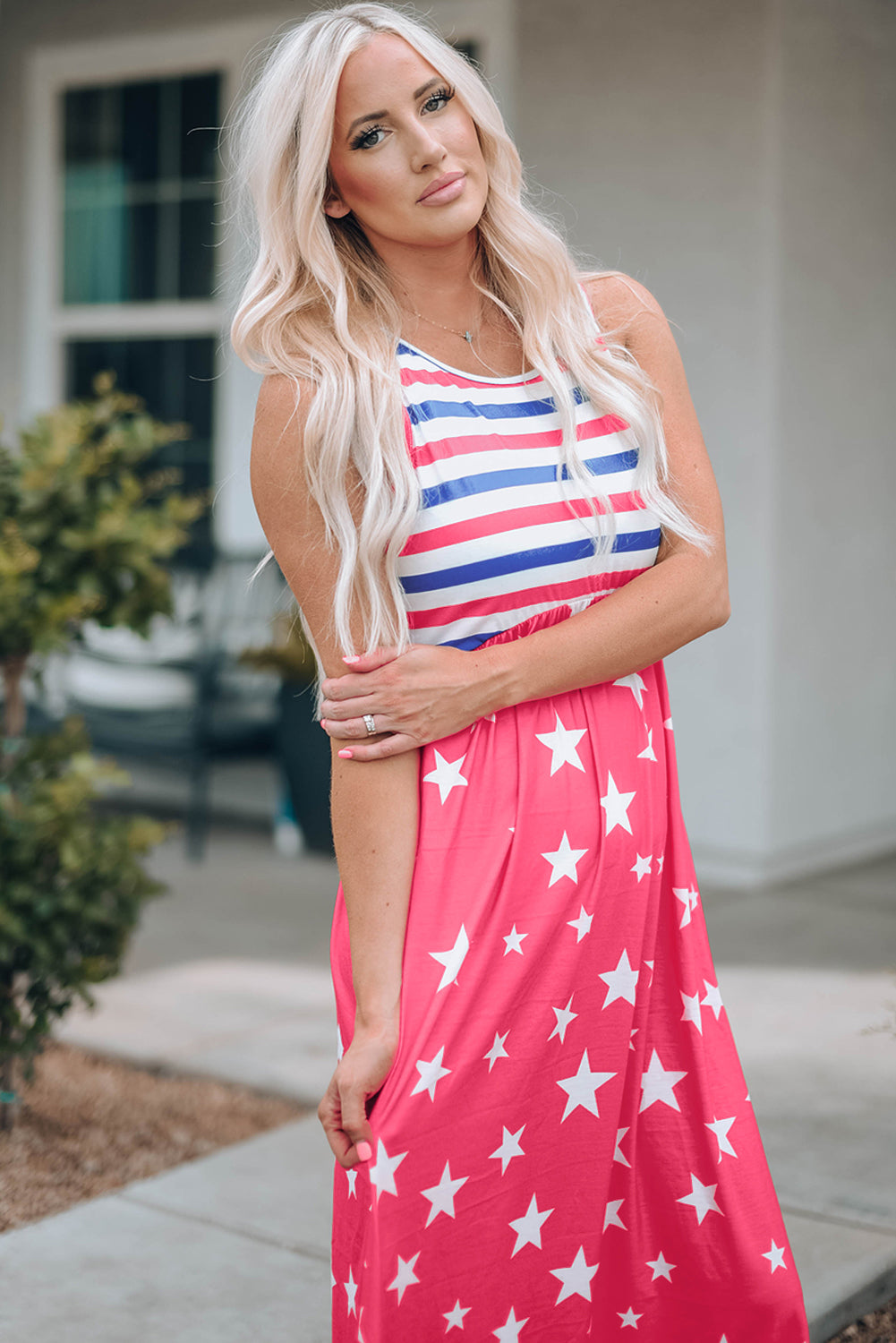 Red Stripes and Stars Sleeveless Maxi Dress with Pockets
