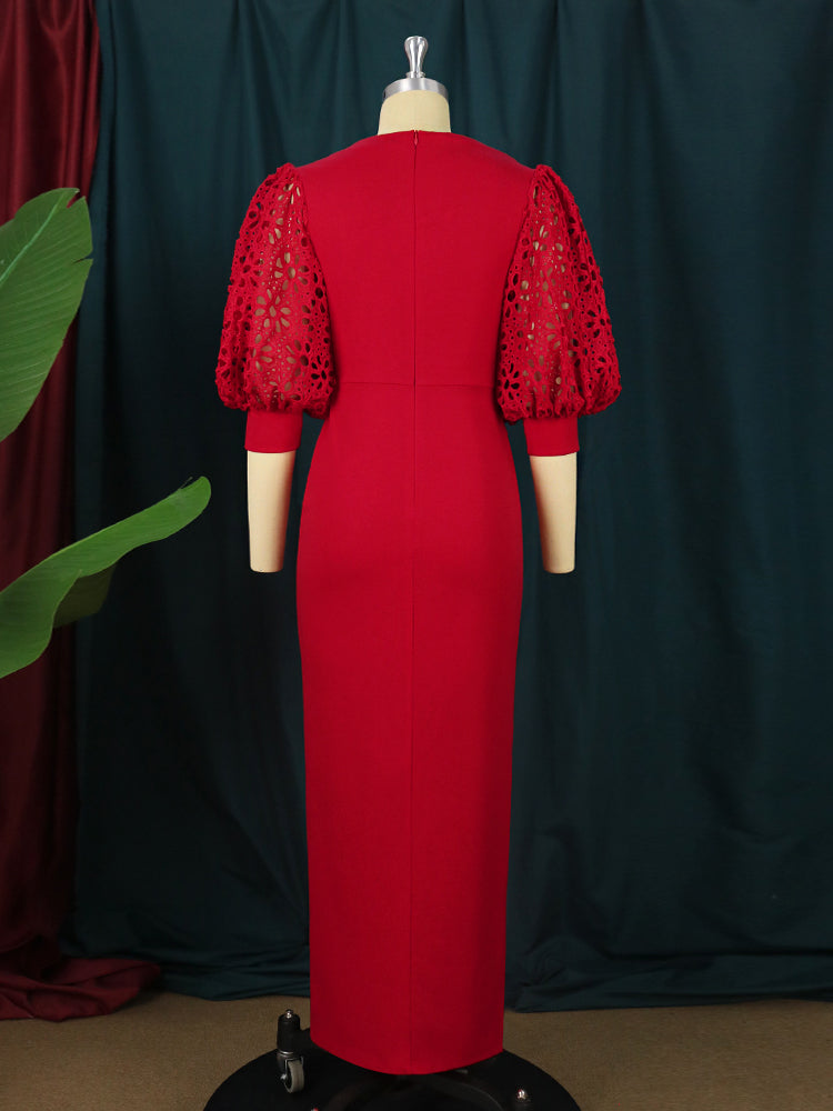 Red Dresses Long Prom Half Lantern Lace Sleeve Sexy Bodycon Slit Evening Outfits