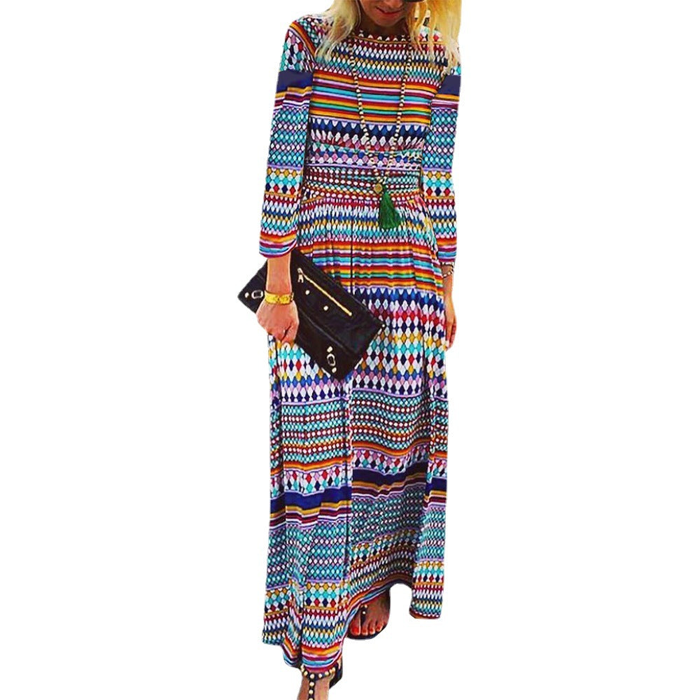 Women Boho Printed Beach Casual Long Sleeve Loose Maxi Dress