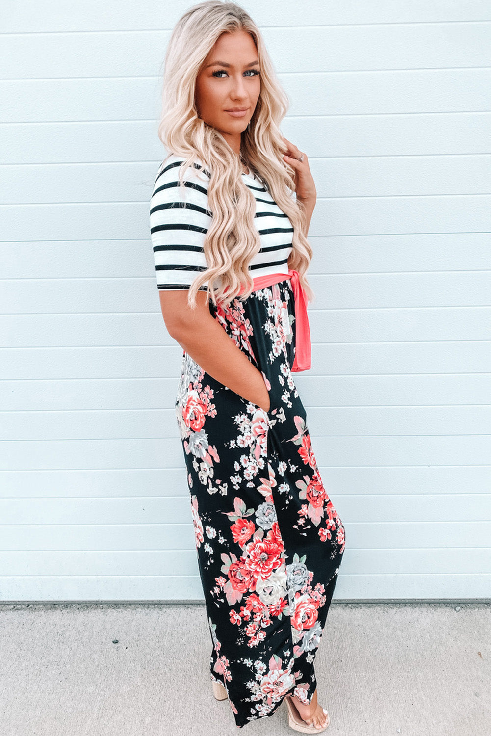 Floral Striped Color Block Lace-up High Waist Maxi Dress