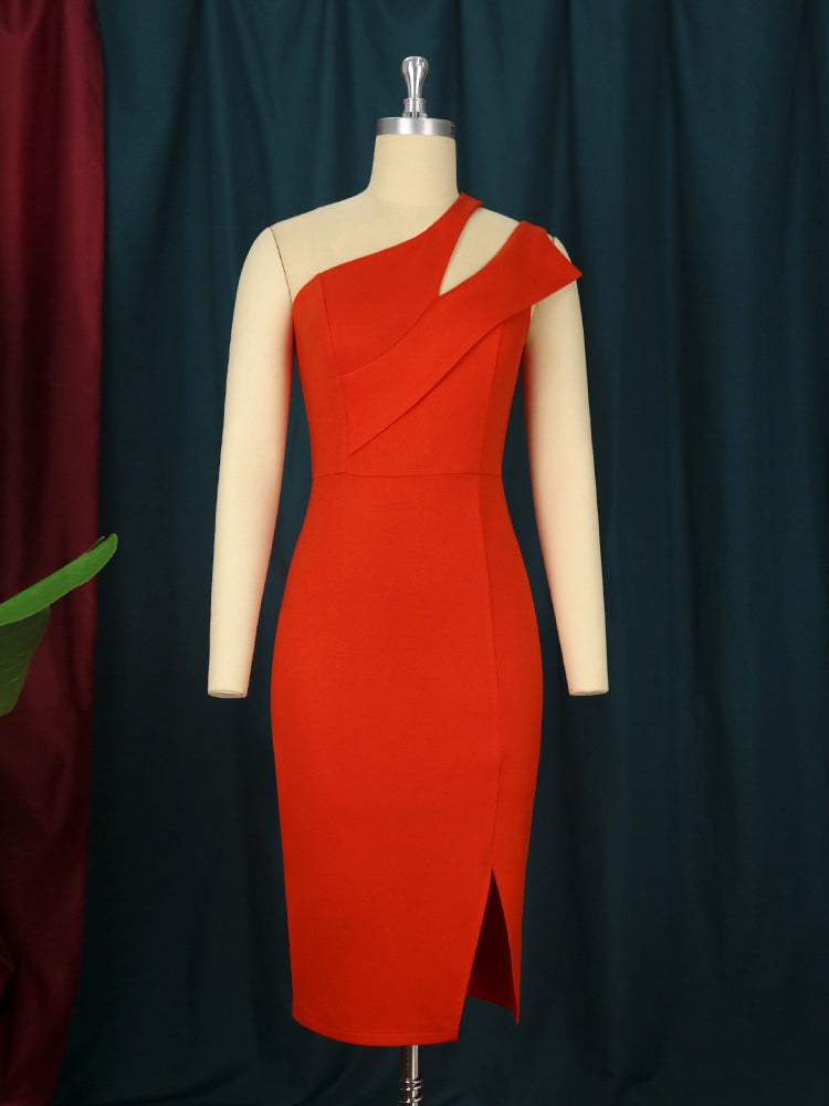 One Shoulder Dresses Plus Size Orange Red Sexy Cocktail Party Gowns