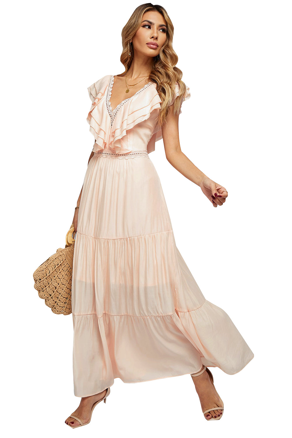 Pink Lace Splicing Ruffled Deep V Neck Maxi Dress