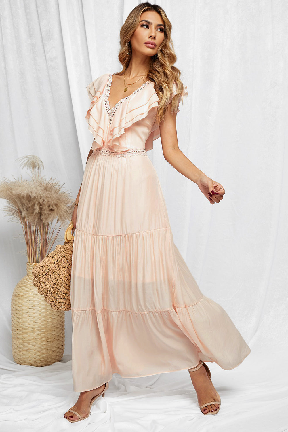 Pink Lace Splicing Ruffled Deep V Neck Maxi Dress