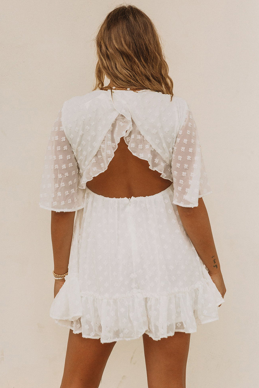 Swiss Dot Ruffled Deep V Neck High Waist Mini Dress