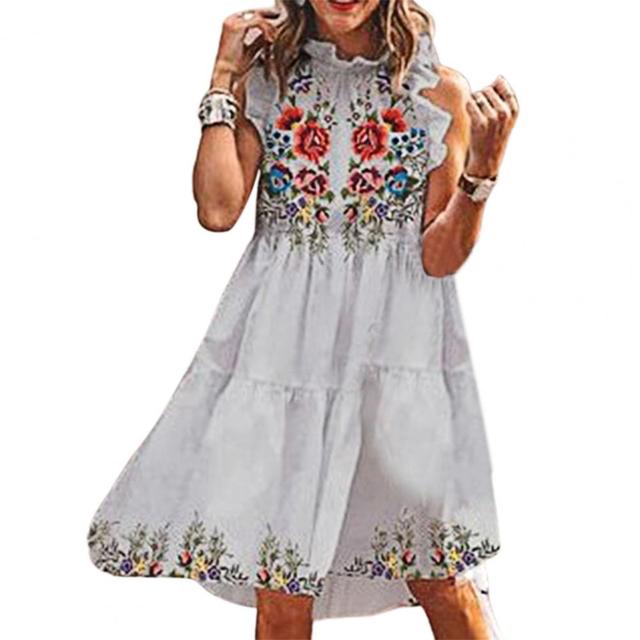 Women Summer Floral Print Loose Sleeveless Ruffle Casual Dress