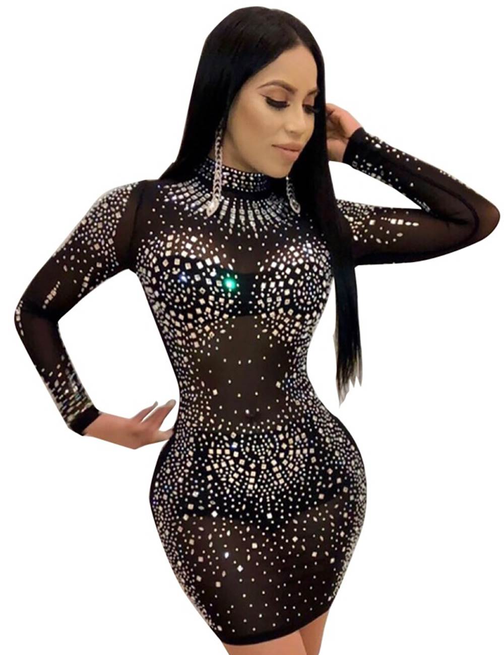 High Neck Long Sleeveled Mesh Rhinestone Sexy Women Nightclub Transparent skirt
