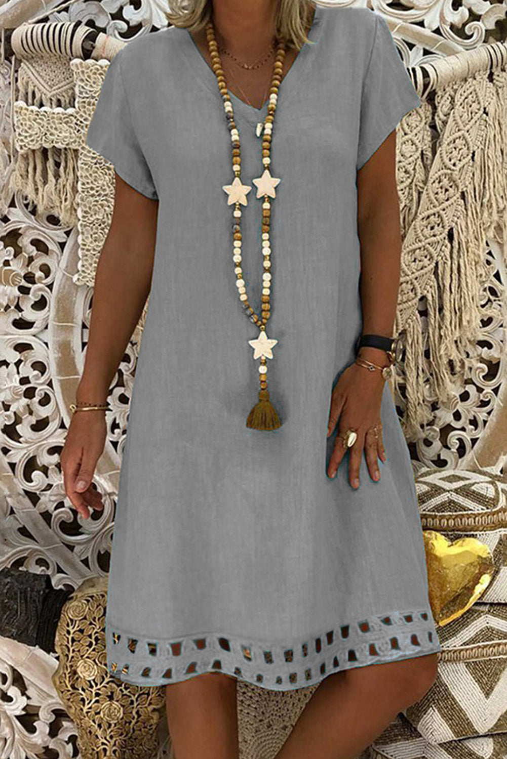 Black V Neck Short Sleeve Hollow-out Hem Midi Dress