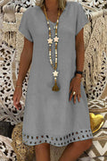Black V Neck Short Sleeve Hollow-out Hem Midi Dress