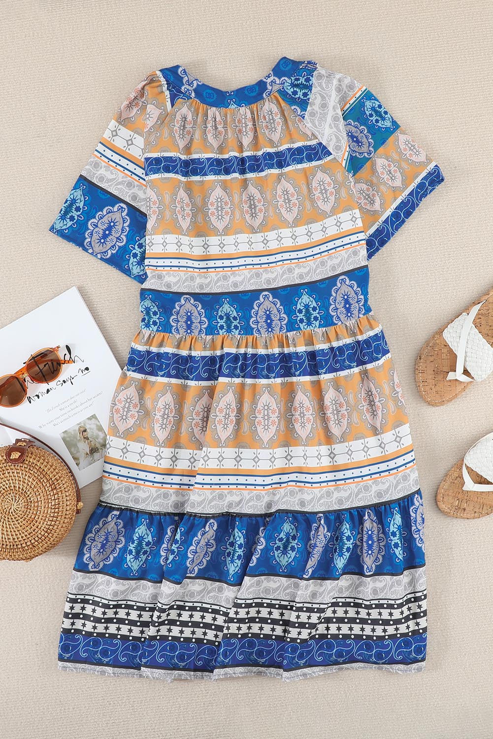 Beige Accent Color Block Bohemian Print Short Sleeve Mini Dress