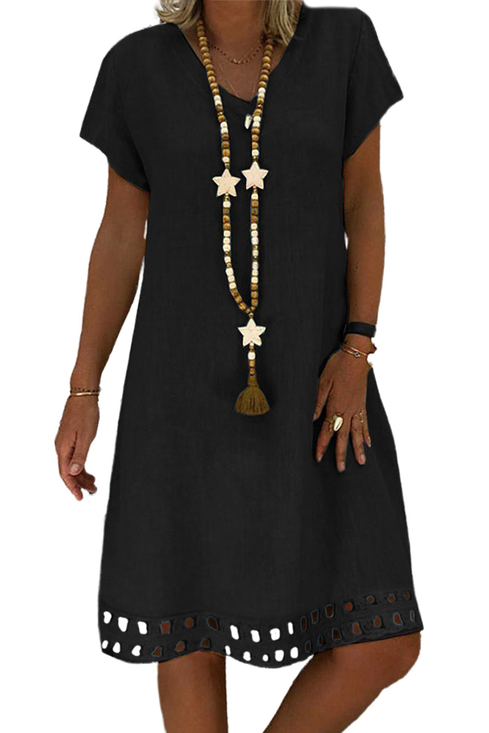 Black V Neck Short Sleeve Hollow-out Hem Midi Dress