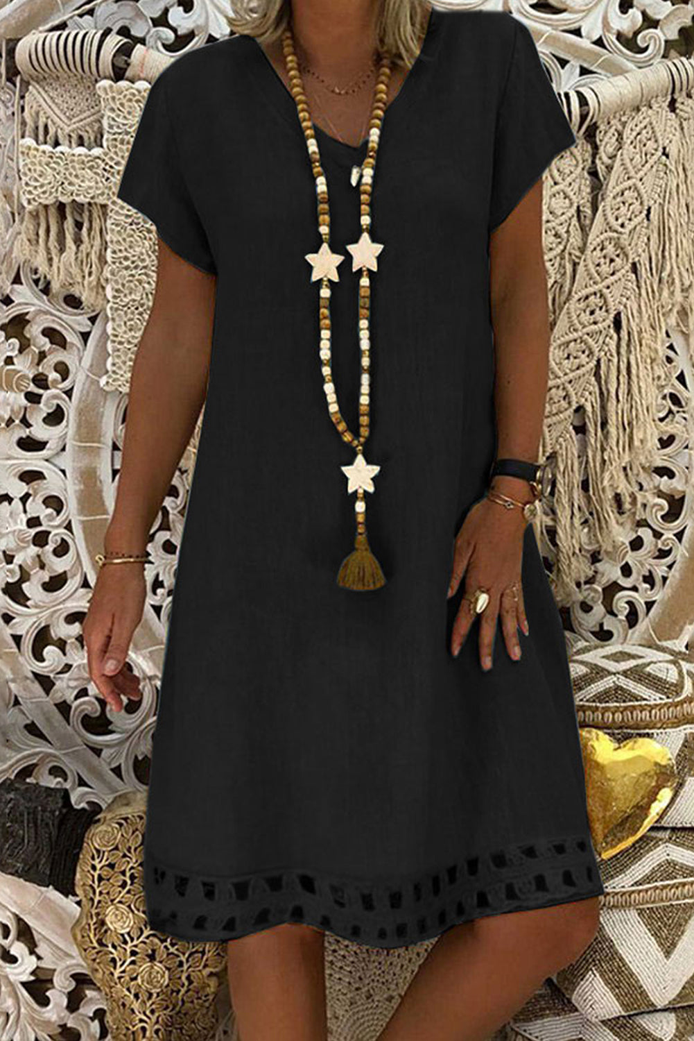 Black V Neck Short Sleeve Hollow-out Hem Midi Dress