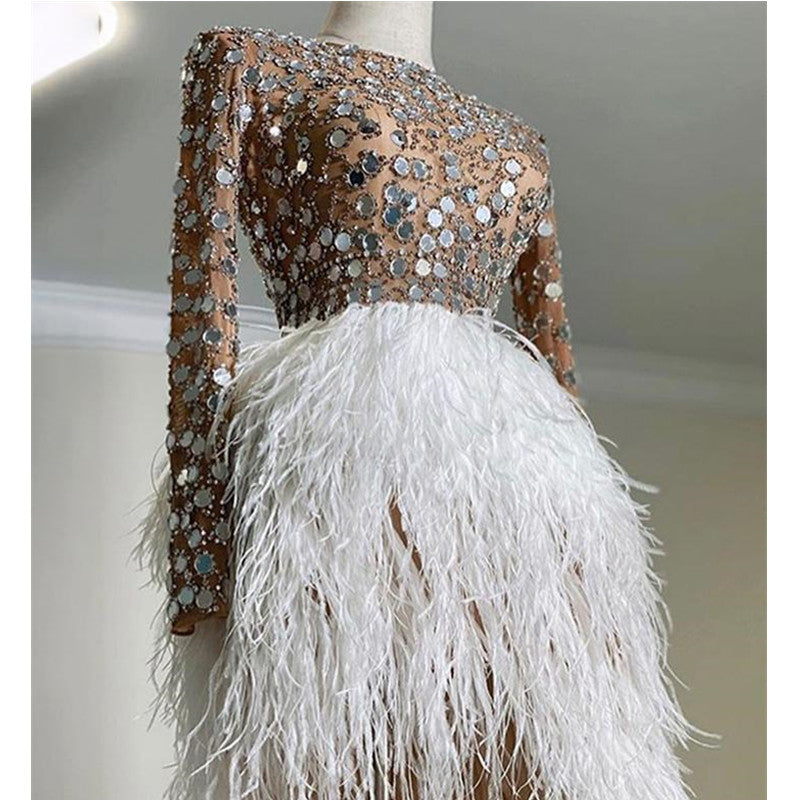 Sparkly Silver Sequins Feather Dress Women Birthday Wedding Latin Dresses