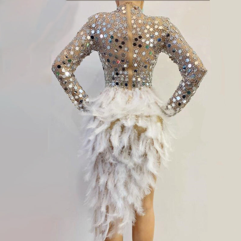 Sparkly Silver Sequins Feather Dress Women Birthday Wedding Latin Dresses