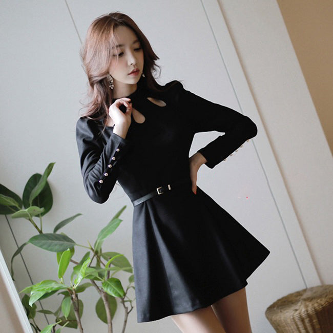 Women Black Long Sleeve Sexy Hollow Mini Dress